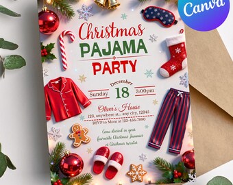 Christmas Pajama Party Invitation, Holiday PJs Invite, Editable Template, Kids Xmas Sleepover, Christmas Slumber Party, PJs sleepover invite