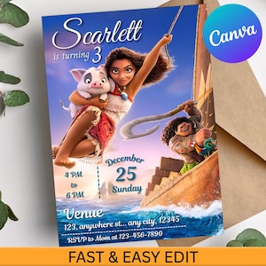 Moana Birthday Invitation | Editable Digital Girl Bday Party Template | Ocean Luau Theme Canva Card | Tropical Girl Instant Download Invite