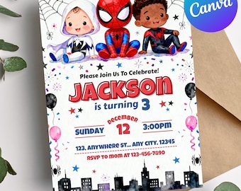ちびスパイダーマンの誕生日招待状、スパイダーマンと彼の素晴らしい仲間たちの招待状、編集可能なCanvaテンプレート、スーパーヒーローの誕生日カード、スパイダーマンの招待状