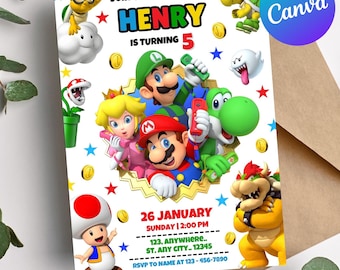 Colorful Super Mario birthday invitation, Mario Luigi Peach Yoshi party card, editable mario video game invite, colorful invite, kids bday