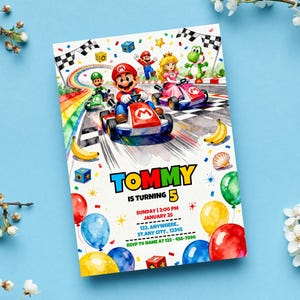 May include: A colorful birthday party invitation featuring Mario Kart characters racing on a track with a rainbow. The invitation reads "TOMMY IS TURNING 5" with event details. Balloons and confetti decorate the design.