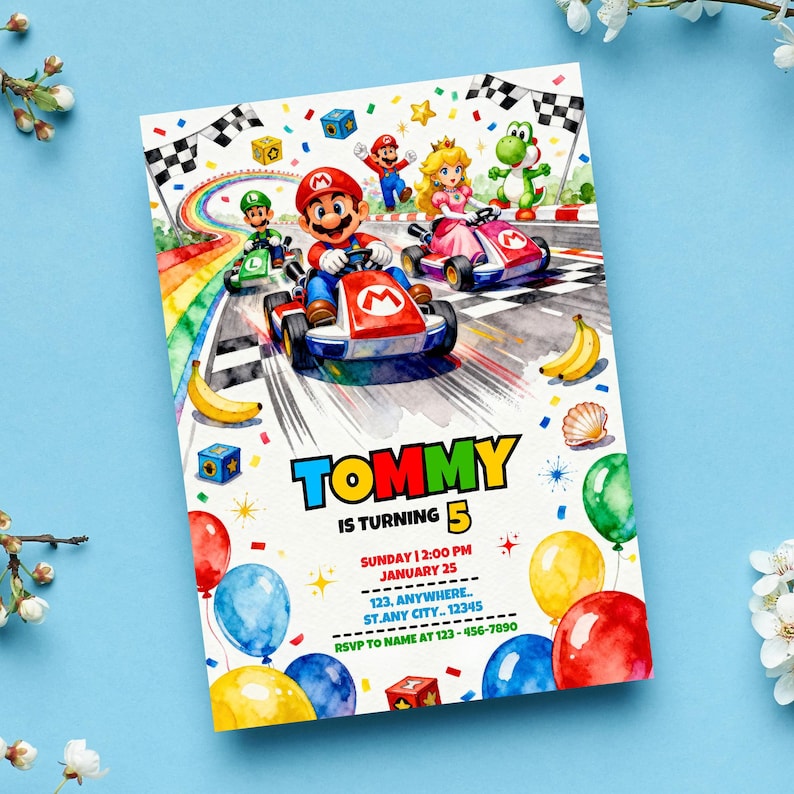 May include: A colorful birthday party invitation featuring Mario Kart characters racing on a track with a rainbow. The invitation reads "TOMMY IS TURNING 5" with event details. Balloons and confetti decorate the design.