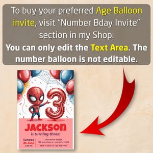 May include: Birthday invitation with a Spider-Man cartoon character and a red number 3 balloon. The invitation includes the name "Jackson" and event details. Red and blue balloons are in the background.