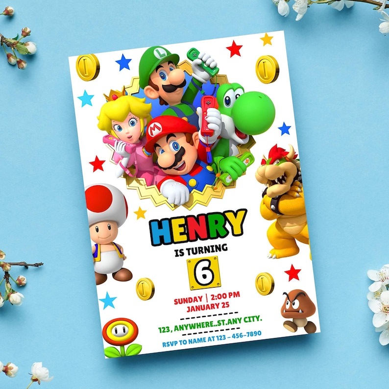 Op de afbeelding: Een kleurrijke verjaardagsuitnodiging met Mario, Luigi, Prinses Peach, Yoshi, Toad en Bowser. De uitnodiging bevat de naam "Henry", het nummer "6", evenals evenementdetails en een contactpersoon voor RSVP.