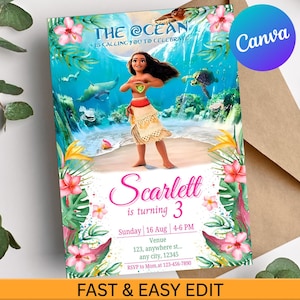Moana Birthday Invitation | Ocean Girl Editable Digital Invite for Girls | Personalized Moana Party Canva Template | Instant Download Card