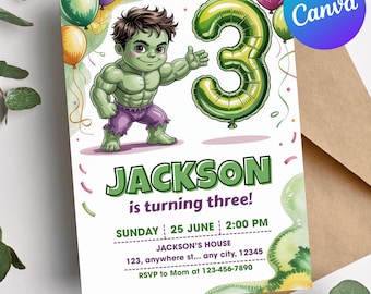 3rd Hulk Birthday Invitation, Editable Hulk Smash Party Card, Avengers Theme Boy Invite, Canva Green Birthday Invite For Boys 3rd Birthday