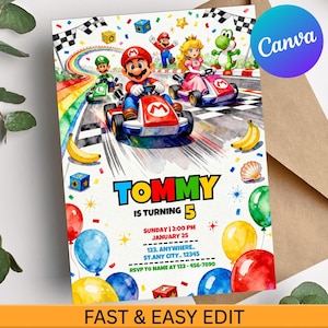 May include: A colorful birthday party invitation featuring cartoon characters racing go-karts on a rainbow track. The invitation includes the name "Tommy", age 5, party details, and the text "Fast & Easy Edit". Balloons and confetti decorate the design.