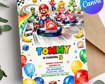 Invito di compleanno Super Mario Kart, invito modificabile per festa di Mario Race, modello Canva, biglietto per festa di gioco per ragazzi, invito acquerello Mario Kart