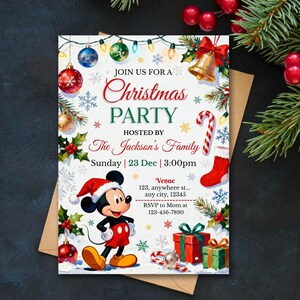 May include: Christmas party invitation featuring Mickey Mouse in a Santa hat. The invitation includes text that reads "Join us for a Christmas Party" and details like the date, time, and RSVP information. Festive decorations include ornaments, snowflakes, and gifts.