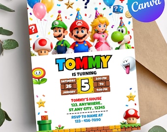 Super Mario Birthday Invitation | Editable Canva Template | Printable Digital Download | Mario Party Invite for Kids Boys Girls | Colorful