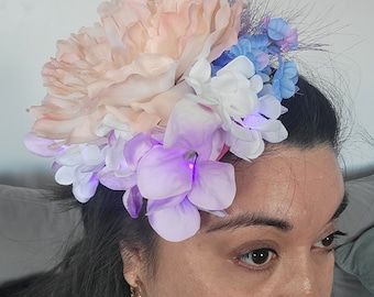 Light up flower fascinator, festival hair, derby hat, rave accessories