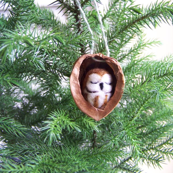 Needle Felted Owl in Walnut Heirloom Christmas Ornament-Saw Whet Owl