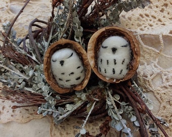 Needle Felted Snowy owl in Walnut Heirloom Ornament