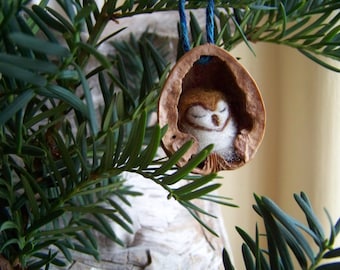 Needle Felted Owl in Walnut Heirloom Christmas Ornament-Barn Owl