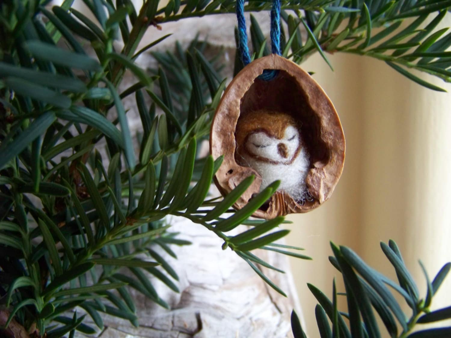 Needle Felted Owl in Walnut Heirloom Christmas Ornament-Barn Owl