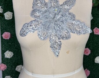 Gray 3D Flower Lace Fabric / Embroidery Beaded Sequin Rhinestone Applique Piece / Bodice Patch for Wedding
