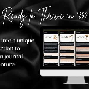 May include: A computer screen displaying a vision journal with four sections: Reflect, Reach, Review, and Reaffirm. Each section has a floral illustration and prompts for reflection and goal setting.