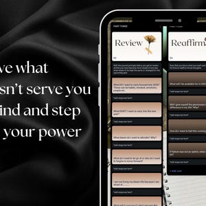 May include: A smartphone screen displaying a digital journal prompt for self-reflection. The prompt asks "What do I want to carry forward into 2023?" and "What will I be available for in 2023?" The journal is titled "Review" and "Reaffirm".