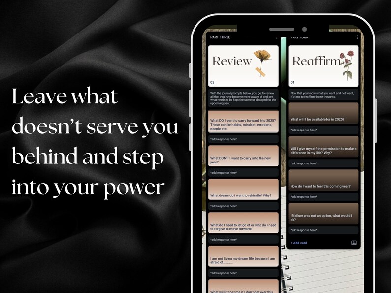 May include: A smartphone screen displaying a digital journal prompt for self-reflection. The prompt asks "What do I want to carry forward into 2023?" and "What will I be available for in 2023?" The journal is titled "Review" and "Reaffirm".
