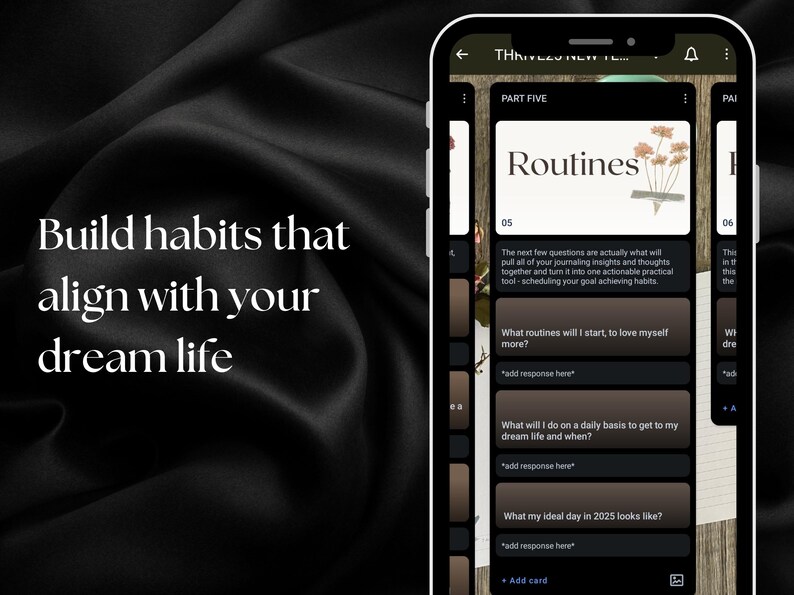 May include: A screenshot of a mobile phone app with a black background and white text. The app is called "Thrive Zone" and is a journal for goal setting. The screen shows a section called "Routines" with questions to help users develop habits that align with their dream life. The text on the screen reads: "Build habits that align with your dream life."
