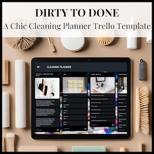 Könnte beinhalten: Ein Tablet-Computer zeigt ein Trello-Board mit einer Reinigungs-Planer-Vorlage. Das Board ist in Abschnitte für tägliche, wöchentliche und monatliche Aufgaben unterteilt. Das Board ist mit "Reinigungsplaner" betitelt und enthält eine Affirmation: "Ich genieße es, mein Haus zu putzen".