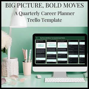 May include: A computer monitor displays a Trello template for a quarterly career planner. The screen shows a series of cards with text, including "Big Picture, Bold Moves" and "Quarterly Goals." The desk has a lamp, pen holder, and keyboard.