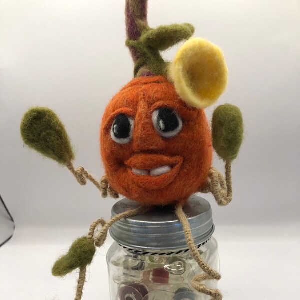 Needle Felted Pumpkin Doll, Corriedale Wool, Halloween Decor (5 inches sitting position), Handmade  Wool Harvest  item