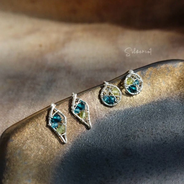 Blue Green Dreamcatcher Shield Earrings - 999 Pure Silver Earrings, Gypsum, Lapis Lazuli, Olivine Mineral Stones, Gentle on Sensitive Skin