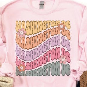 May include: Pink long-sleeved sweatshirt with the text "WASHINGTON DC" repeated five times in a rainbow of colors with a flower graphic in each line of text.