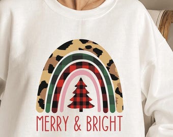 Sudadera navideña con estampado de leopardo y arcoíris, cuello redondo alegre y brillante
