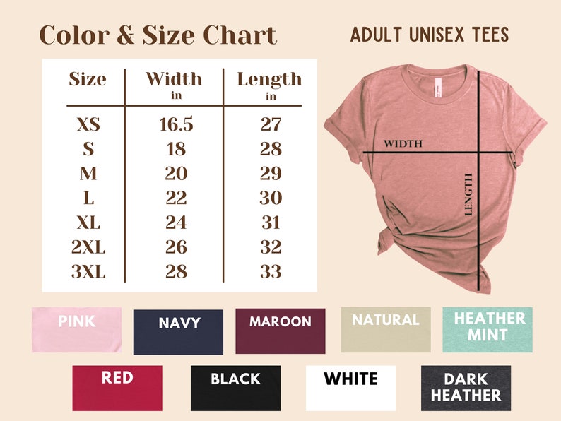 Puede incluir: Tabla de tallas y colores para camisetas unisex para adultos. La tabla muestra las tallas XS a 3XL con las medidas de ancho y largo correspondientes en pulgadas. La tabla tambi&eacute;n muestra una variedad de colores, incluyendo rosa, azul marino, granate, natural, menta jaspeada, rojo, negro, blanco y gris oscuro jaspeado.