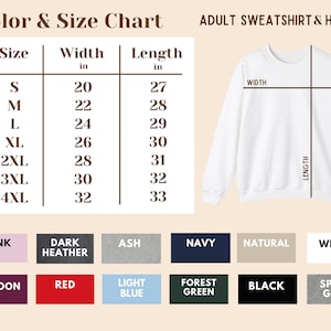 Puede incluir: Tabla de tallas para sudaderas y sudaderas con capucha para adultos. La tabla muestra las medidas de ancho y largo en pulgadas para las tallas S a 4XL. La tabla tambi&eacute;n muestra una variedad de colores disponibles, incluyendo rosa, granate, gris oscuro jaspeado, ceniza, azul marino, natural, blanco, rojo, azul claro, verde bosque, negro y gris deportivo.