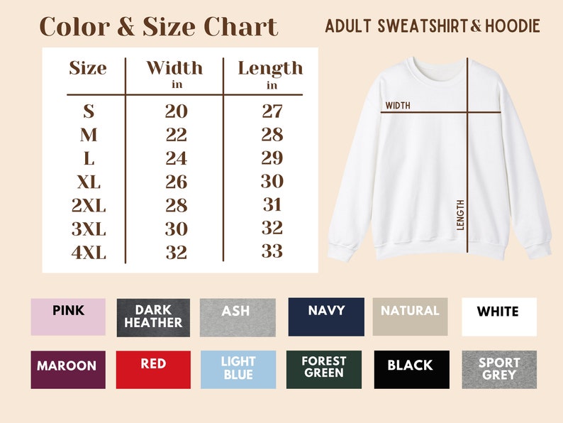 Puede incluir: Tabla de tallas para sudaderas y sudaderas con capucha para adultos. La tabla muestra las medidas de ancho y largo en pulgadas para las tallas S a 4XL. La tabla tambi&eacute;n muestra una variedad de colores disponibles, incluyendo rosa, granate, gris oscuro jaspeado, ceniza, azul marino, natural, blanco, rojo, azul claro, verde bosque, negro y gris deportivo.
