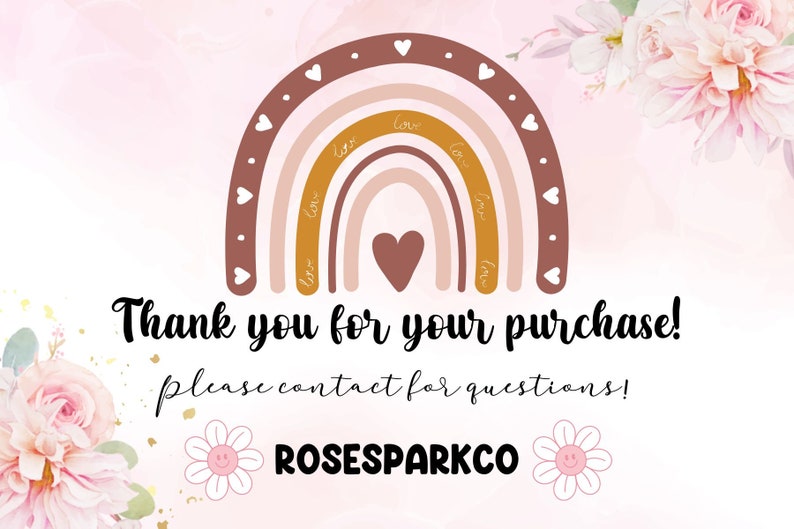 Puede incluir: &iexcl;Gracias por tu compra! Por favor, contacta para cualquier pregunta. ROSESPARKCO. Un arco&iacute;ris rosa y marr&oacute;n con corazones blancos y la palabra "love" escrita en dorado en cada arco. El arco&iacute;ris est&aacute; rodeado de flores rosas.
