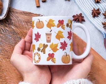 Fall Leaves & Pumpkin Coffee Mug, Autumn Design