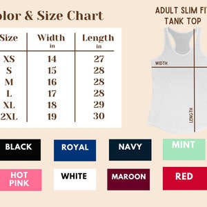Puede incluir: Tabla de tallas para un tanque de ajuste delgado con medidas en pulgadas. La tabla muestra el ancho y la longitud del tanque en tallas XS a 2XL. Los colores disponibles son negro, azul real, azul marino, menta, rosa caliente, blanco, granate y rojo.