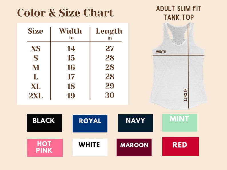 Puede incluir: Tabla de tallas para un tanque de ajuste delgado con medidas en pulgadas. La tabla muestra el ancho y la longitud del tanque en tallas XS a 2XL. Los colores disponibles son negro, azul real, azul marino, menta, rosa caliente, blanco, granate y rojo.