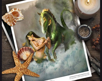 Phineas / Mermaid Art / Fantasy Art / Art Print / Water Horse / Mythology / Bathroom Decor / Hippocampus / Mermaid Decor / Mermaid Tail