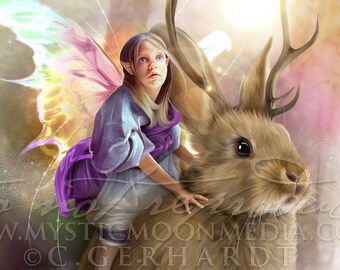 Jackalope / Fairy Child / Rabbit / Fairy Wings / Fantasy Art / Fairy Poster / Nursery Decor / Nursery Gift / Spring / Fairy Decor / Bunny