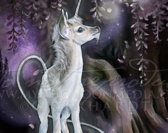 Wisteria / Unicorn Child / Unicorn Art / Baby Unicorn / Fantasy Art / Poster / Nursery Decor / Nursery Gift / Night / Fairy Decor