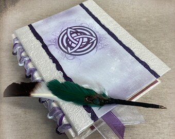 Lilac Pearl / Book of Shadows / Celtic Triquetra / Handmade Journal / Handfasting Wedding Guest Book Alternative/ Quill Pen / BOS