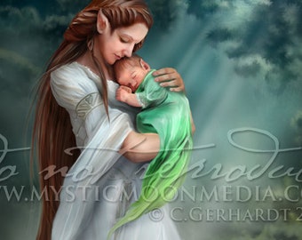 Yearling / Fantasy Art / Fantasy Painting / Elf Print / Mythology / Home Decor / Wiccan Art / Mother and Child Elf