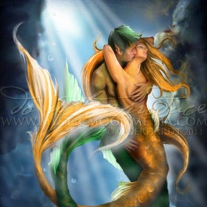 Passionate Seas / Mermaid Art / Fantasy Art / Fantasy Painting / Print / Mermaid / Mythology / Bathroom Decor / Tail / Lovers image 1