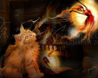 Those Who Know / Fantasy Art / Fantasy Painting / Print / Fairy Painting / Poster / Fire Fairy Art / Magical Decor / Mythical / Cat
