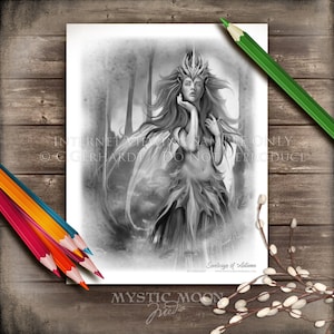 Digital Download Coloring Page / Autumn Fairy Queen Coloring Pages / Greyscale / Adult Coloring / Grayscale Coloring / Fairy Art/ Fantasy
