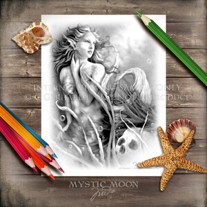 Digital Download Coloring Pages / Mermaid Coloring Pages / Skull / Sea / Grayscale / Adult Coloring Page / Coloring Page / Fantasy Art / PDF