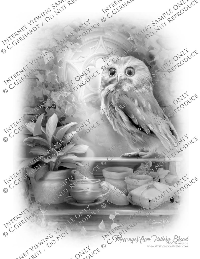 Digital Download Coloring Page / Owl Coloring Pages / Owl Post / Greyscale / Grayscale Adult Coloring / Owl Magical / Wildlife Coloring Page image 2