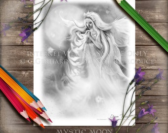 Digital Download Coloring Pages / Fairy Coloring Pages / Dream Fairy / Grayscale / Adult Coloring Page / Coloring Page / Fantasy Art / PDF