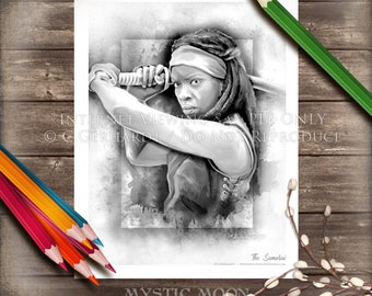 Digital Download Coloring Pages / TWD Coloring Pages / The Walking Dead / Grayscale / Adult Coloring Page / Michonne / Coloring Page / PDF