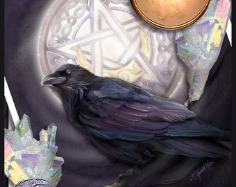 Morrighan's Moon /  Art Print / Pagan art / Wicca Alter Art Print / Raven / Witch Art / Fantasy Art / Witchy Decor / Witch Decor / Pentagram